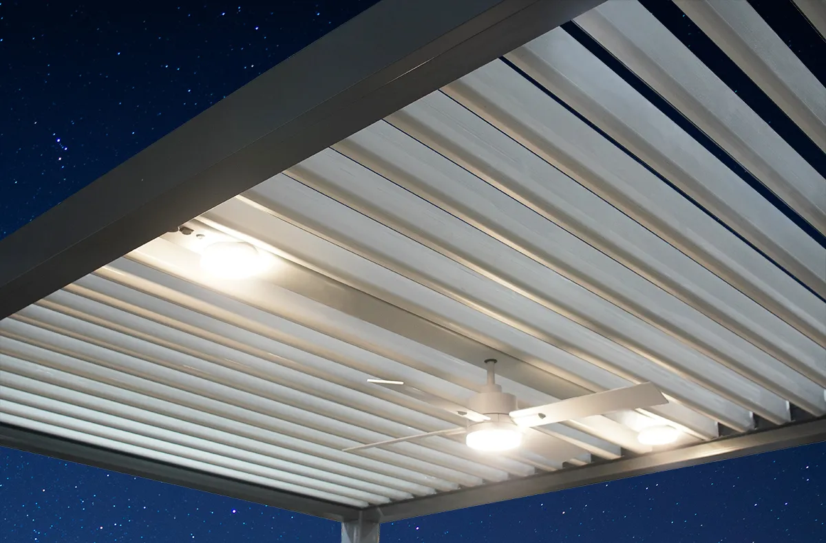 AT Louvre pergola integrated LED lighting and ceiling fan system